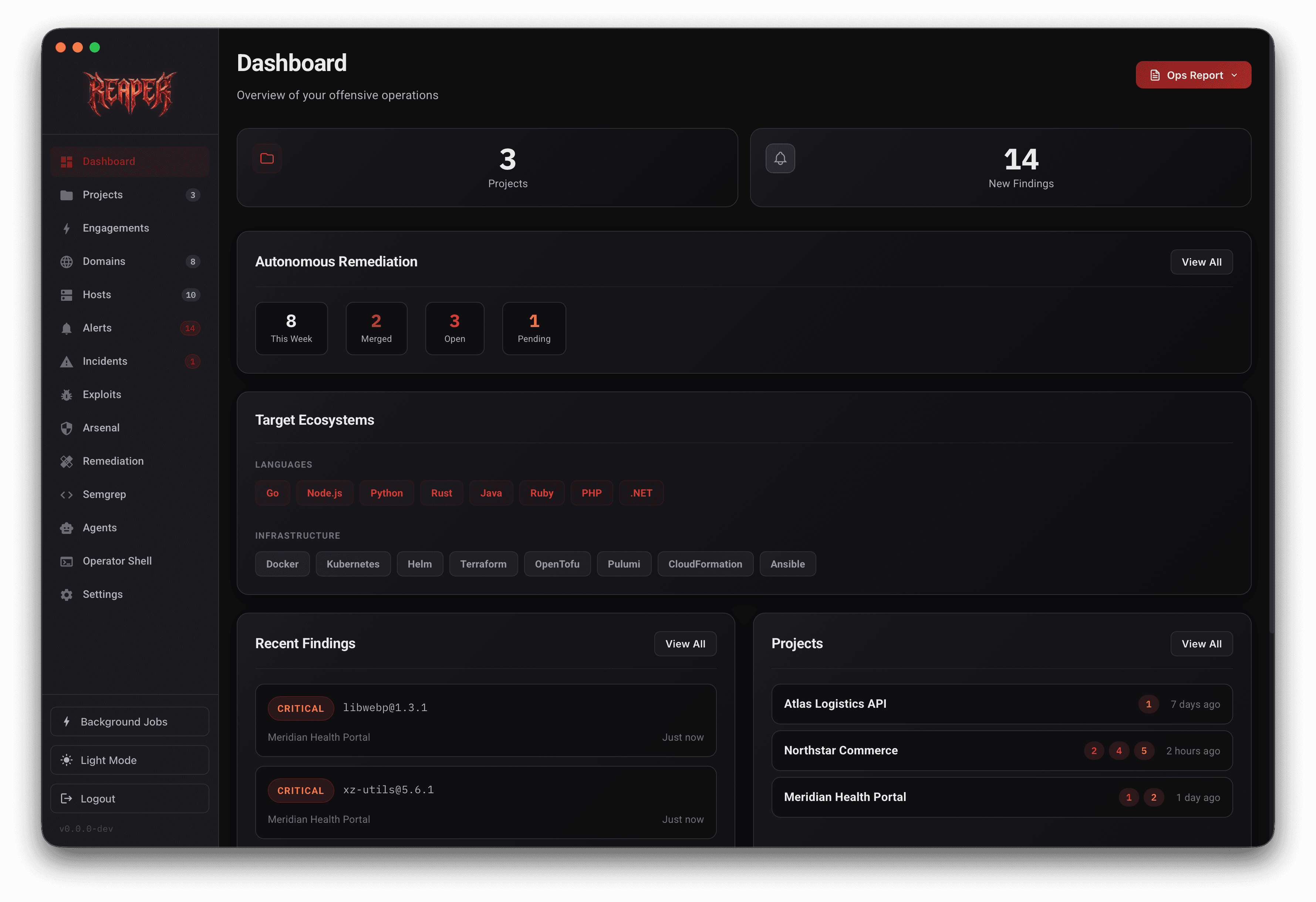 Reaper dashboard with engagement, project, finding, remediation, and target metrics