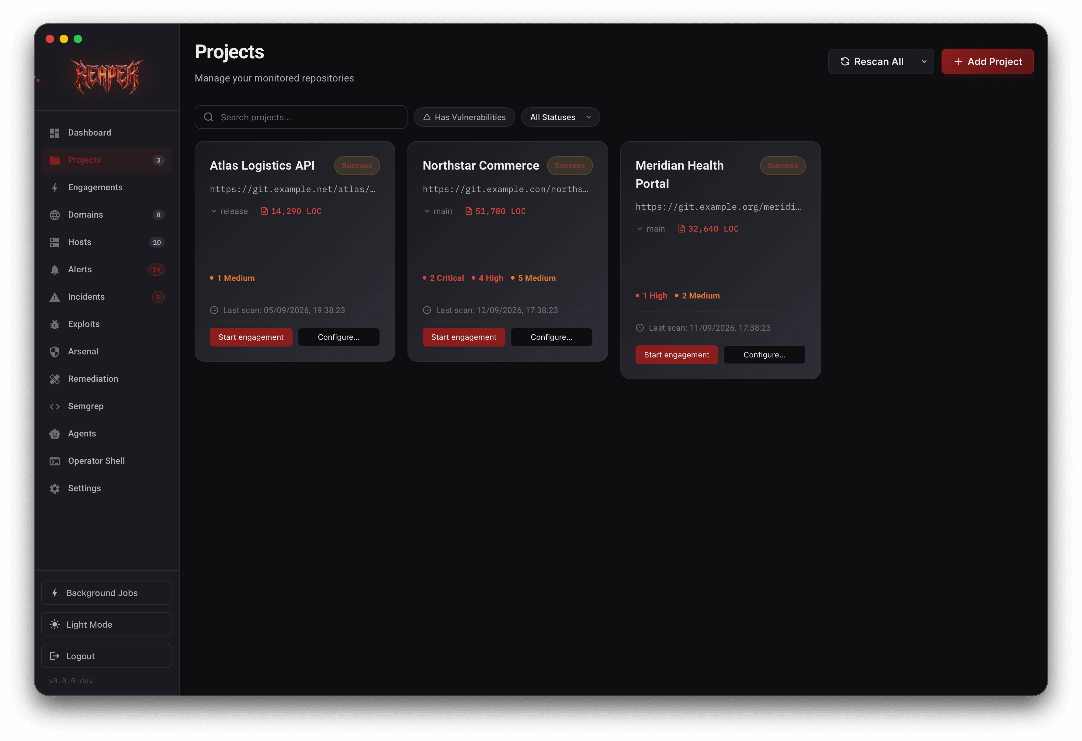 Reaper projects screen showing monitored repositories and finding totals