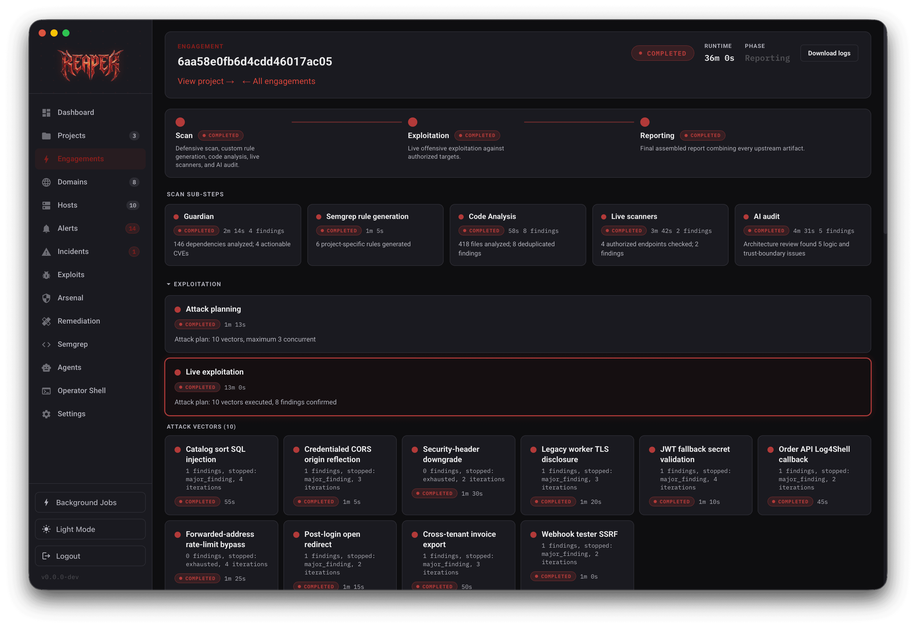 Reaper engagement detail showing scope, credentials, reconnaissance, and attack stages