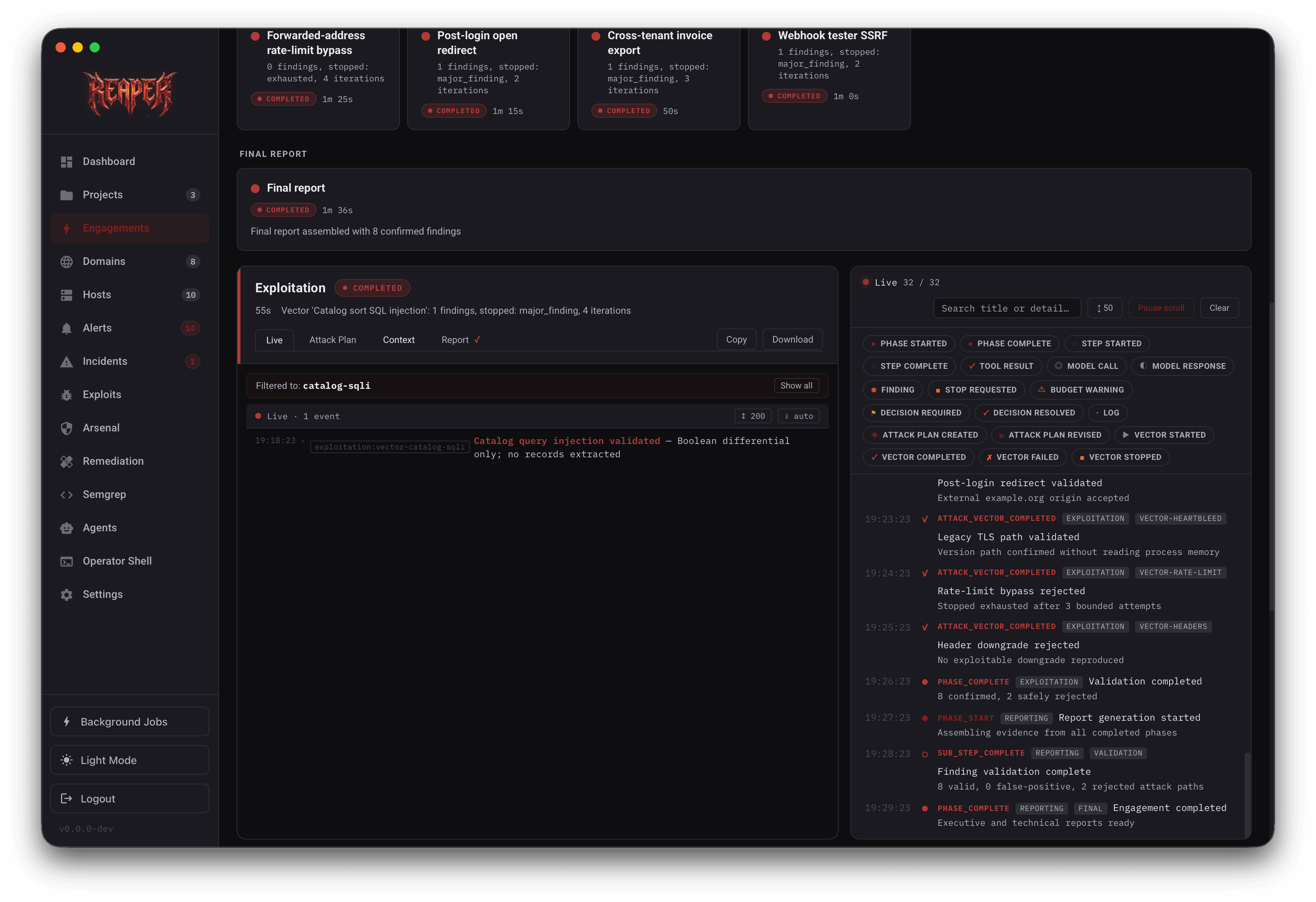 Reaper exploitation log with execution entries and detailed command output