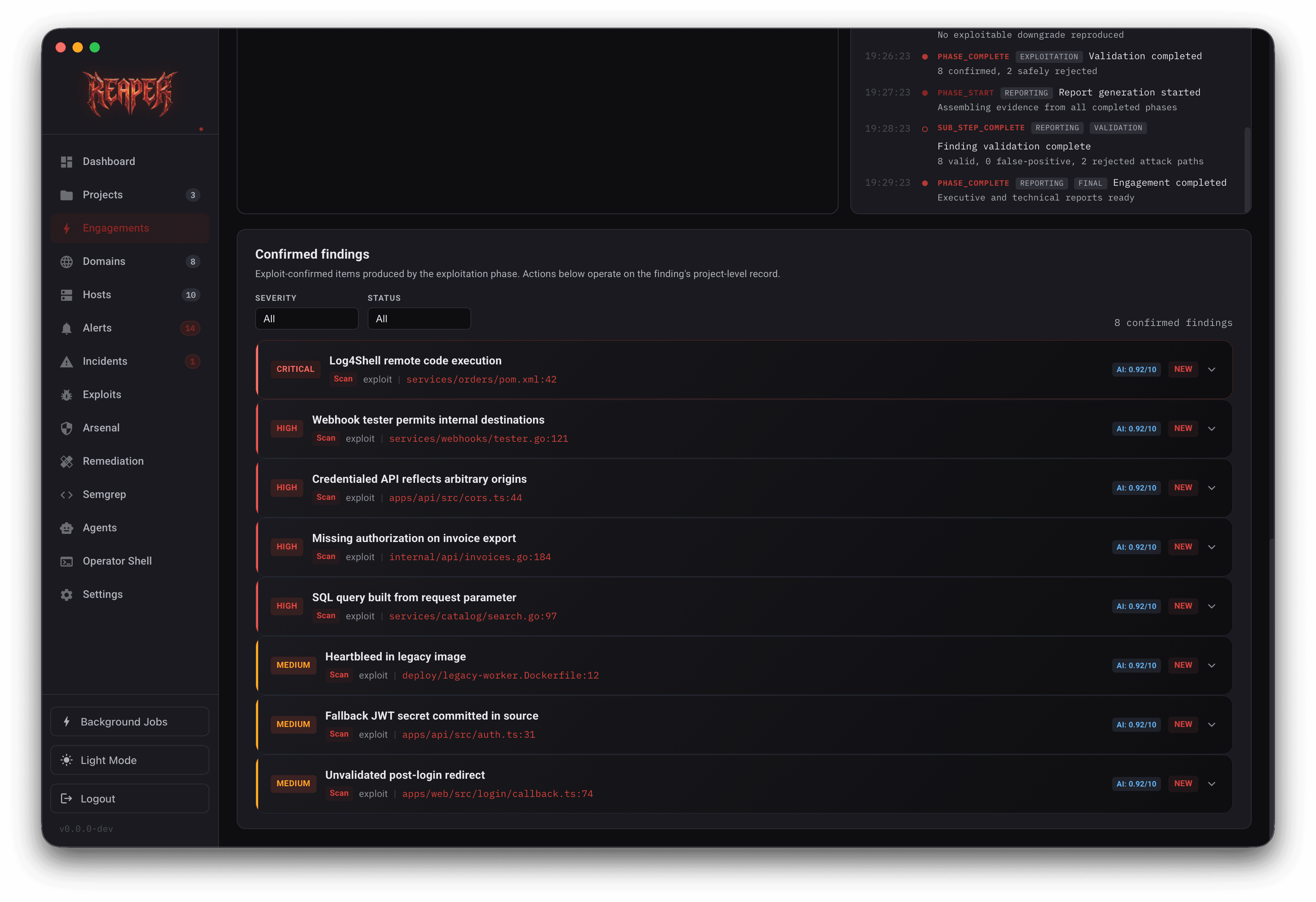 Reaper confirmed findings screen with severity-ranked vulnerabilities and evidence