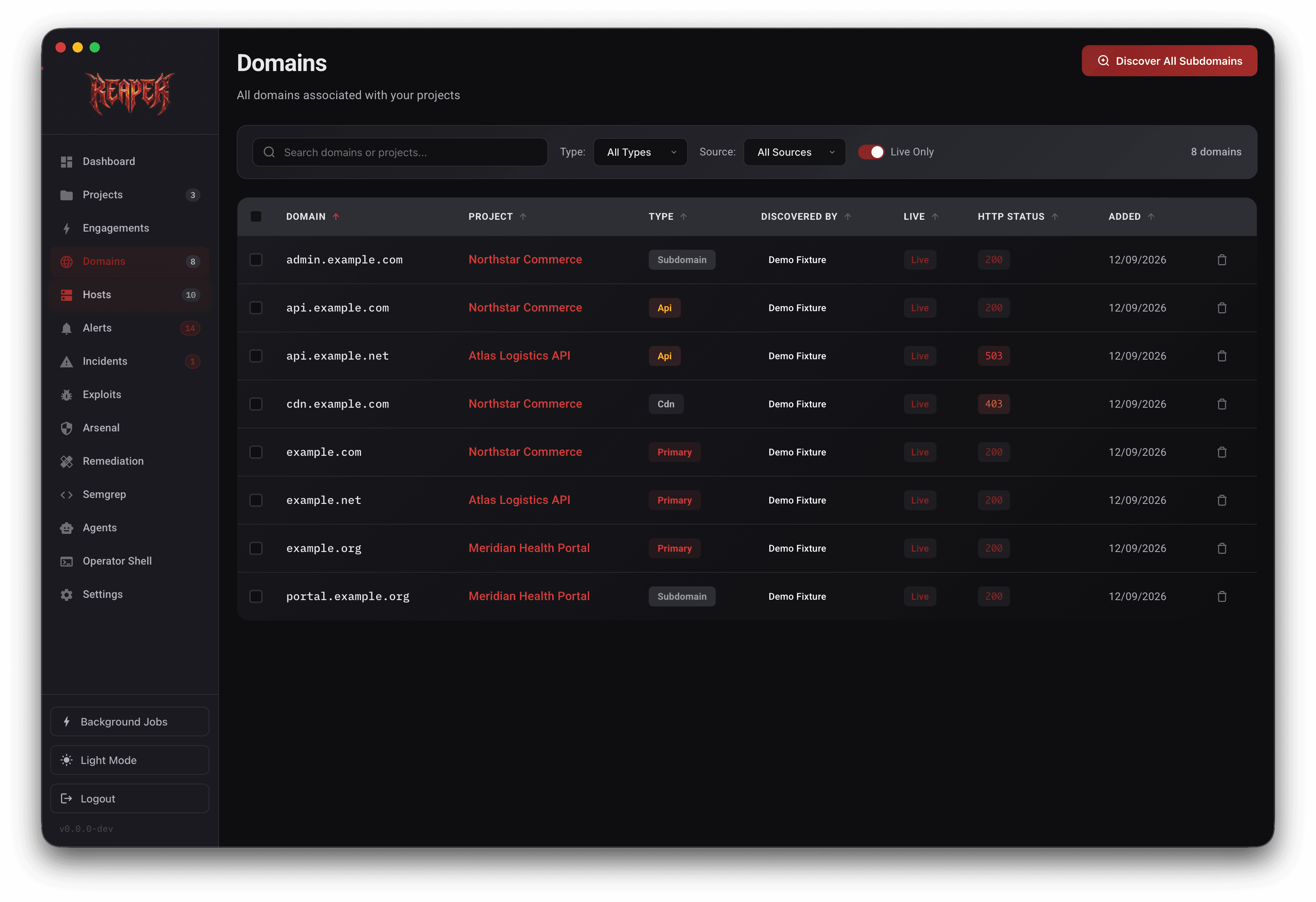 Reaper domains screen listing discovered assets, projects, status, and scan data