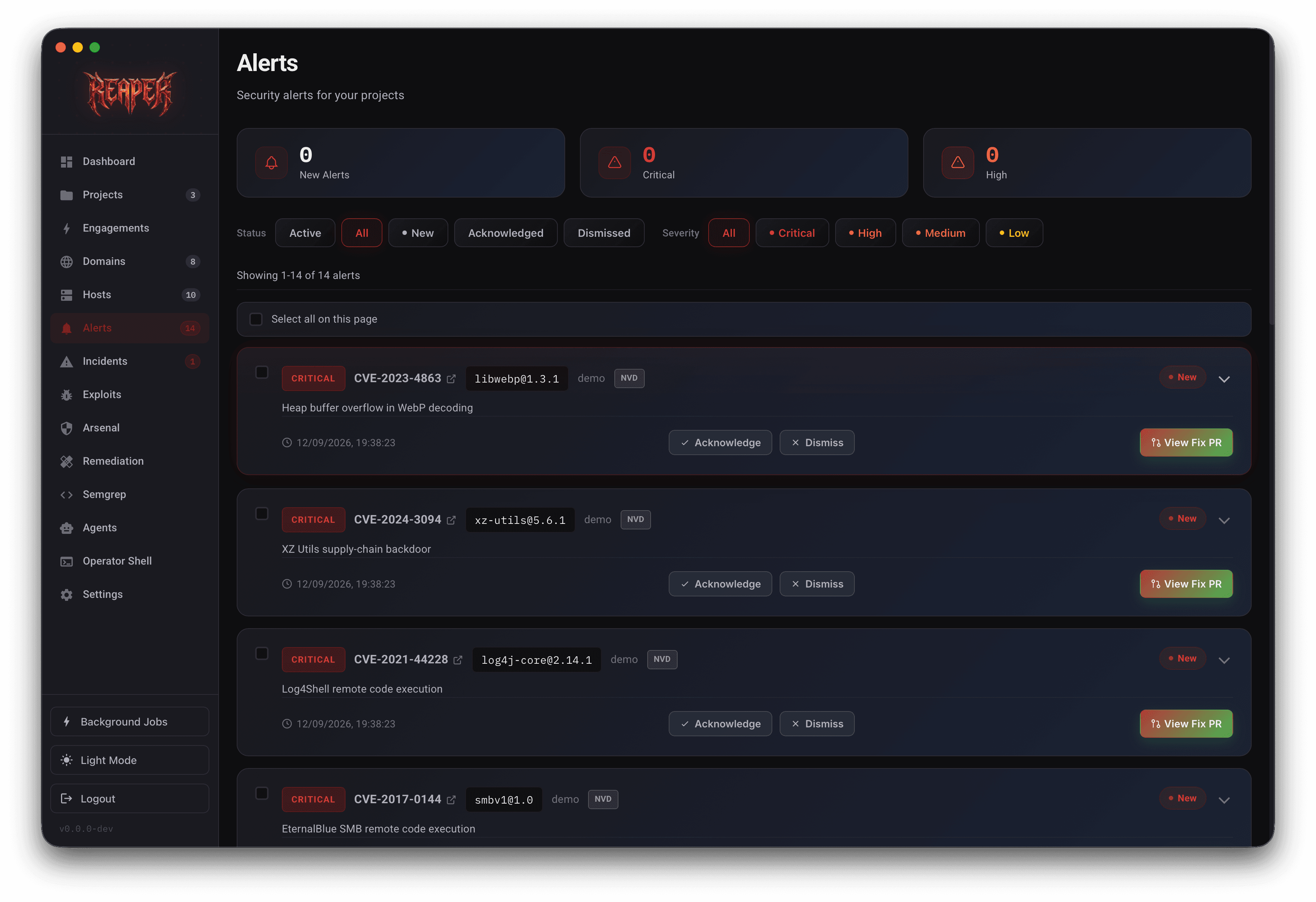 Reaper alerts screen with severity totals and expandable vulnerability alerts