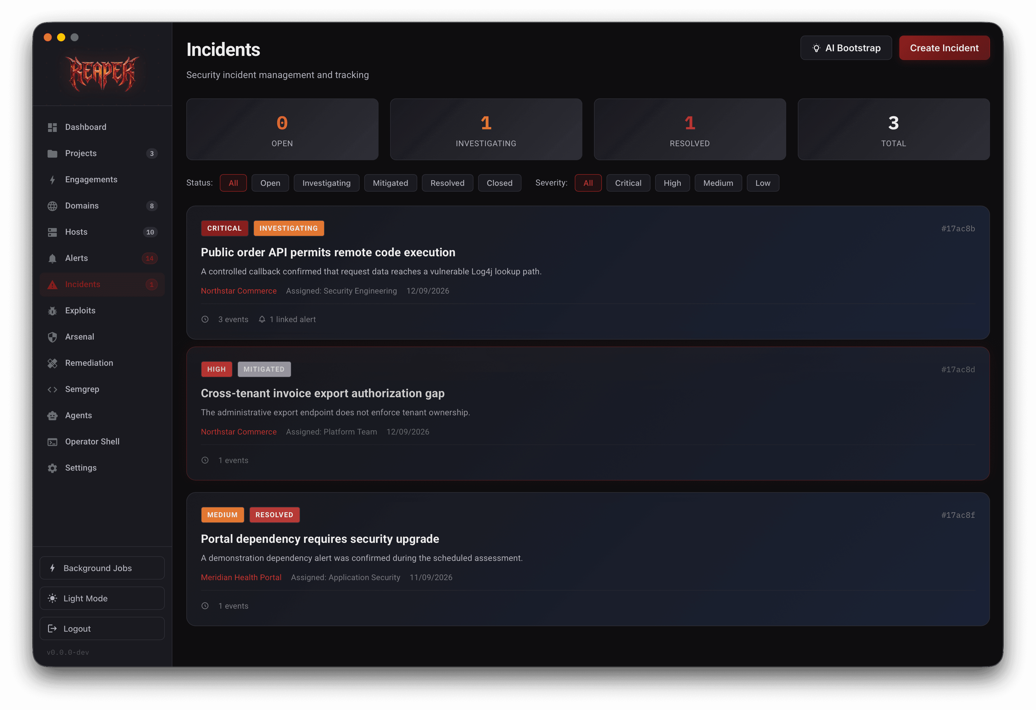 Reaper incidents screen with severity summaries and active incident cards