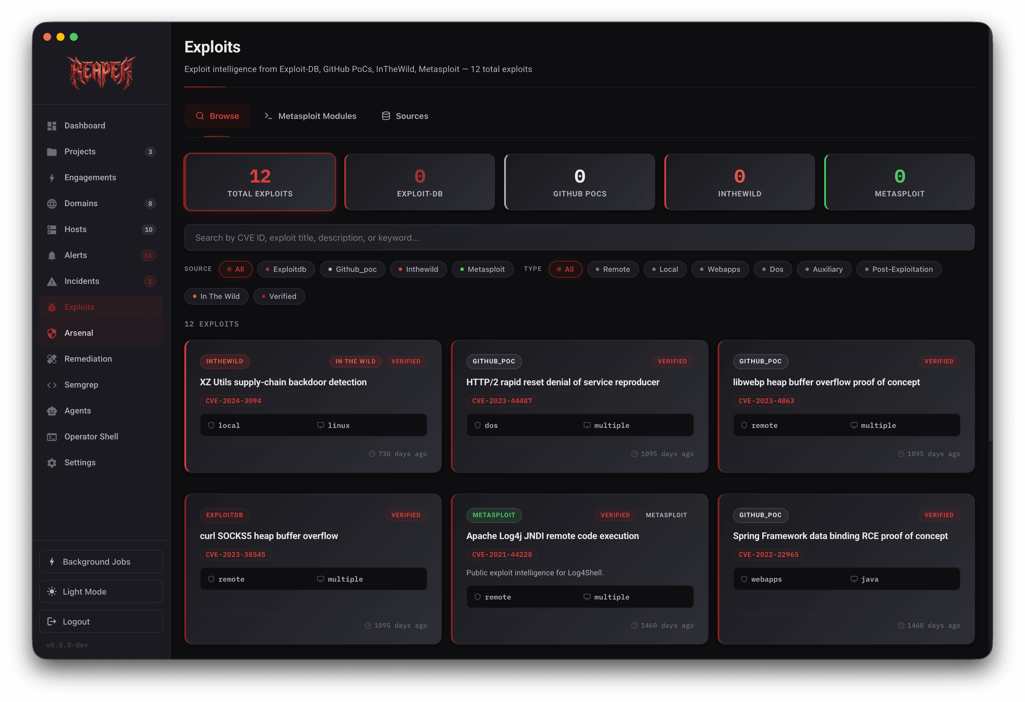 Reaper exploits screen showing searchable exploit cards and status metrics