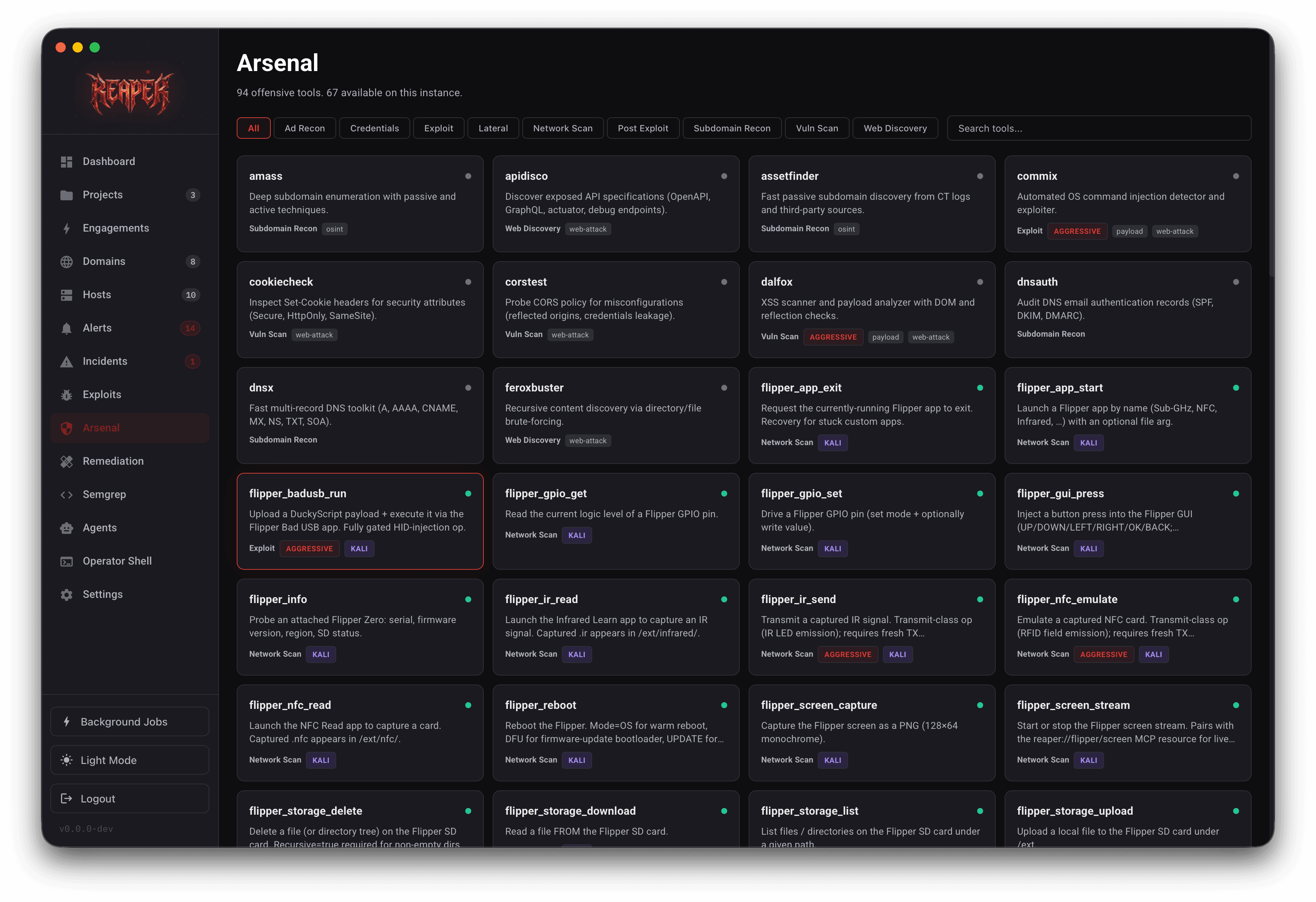 Reaper arsenal screen displaying categorized offensive security tools