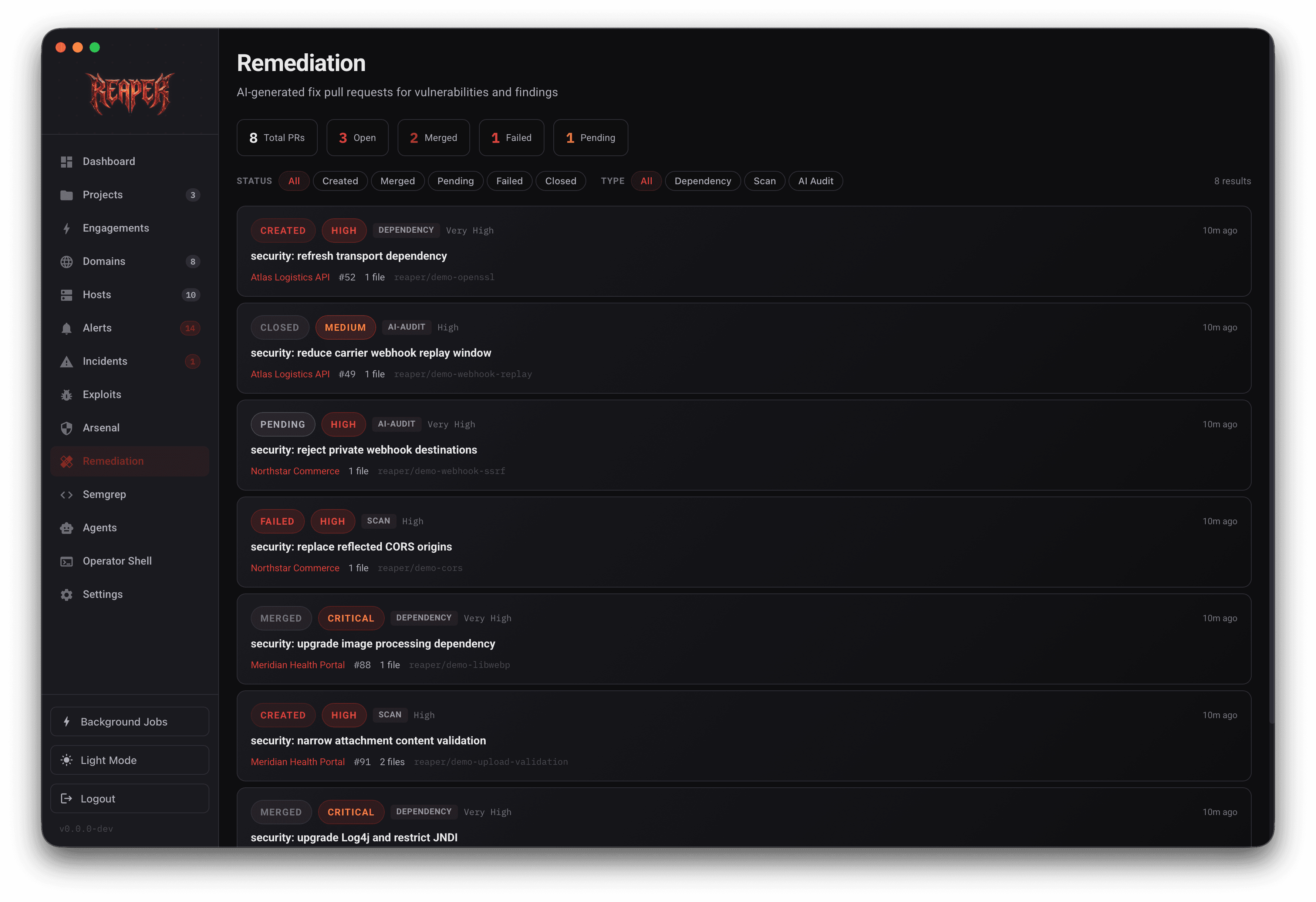 Reaper remediation screen listing generated pull requests and their status