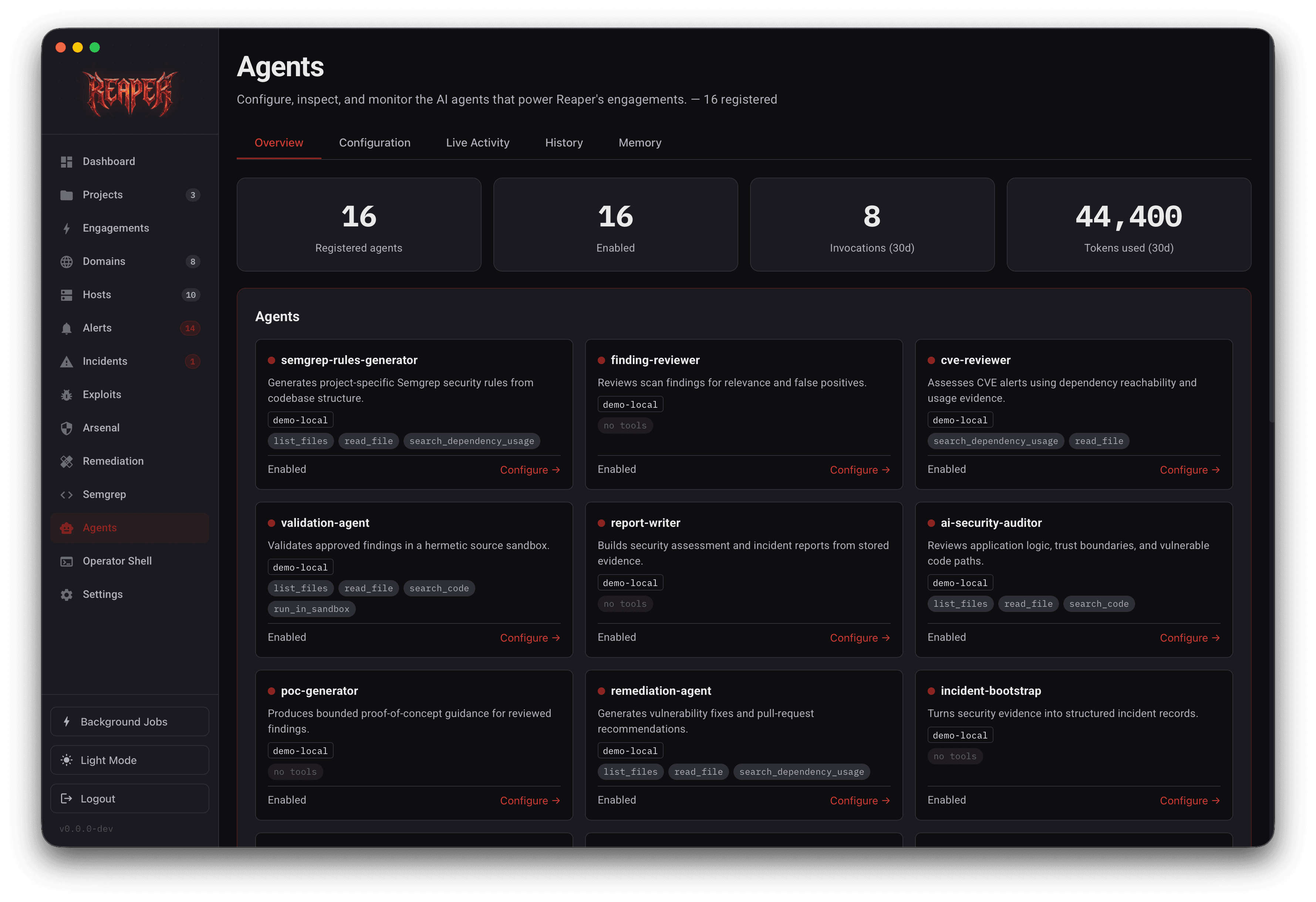 Reaper agents screen showing specialized security agents and execution totals