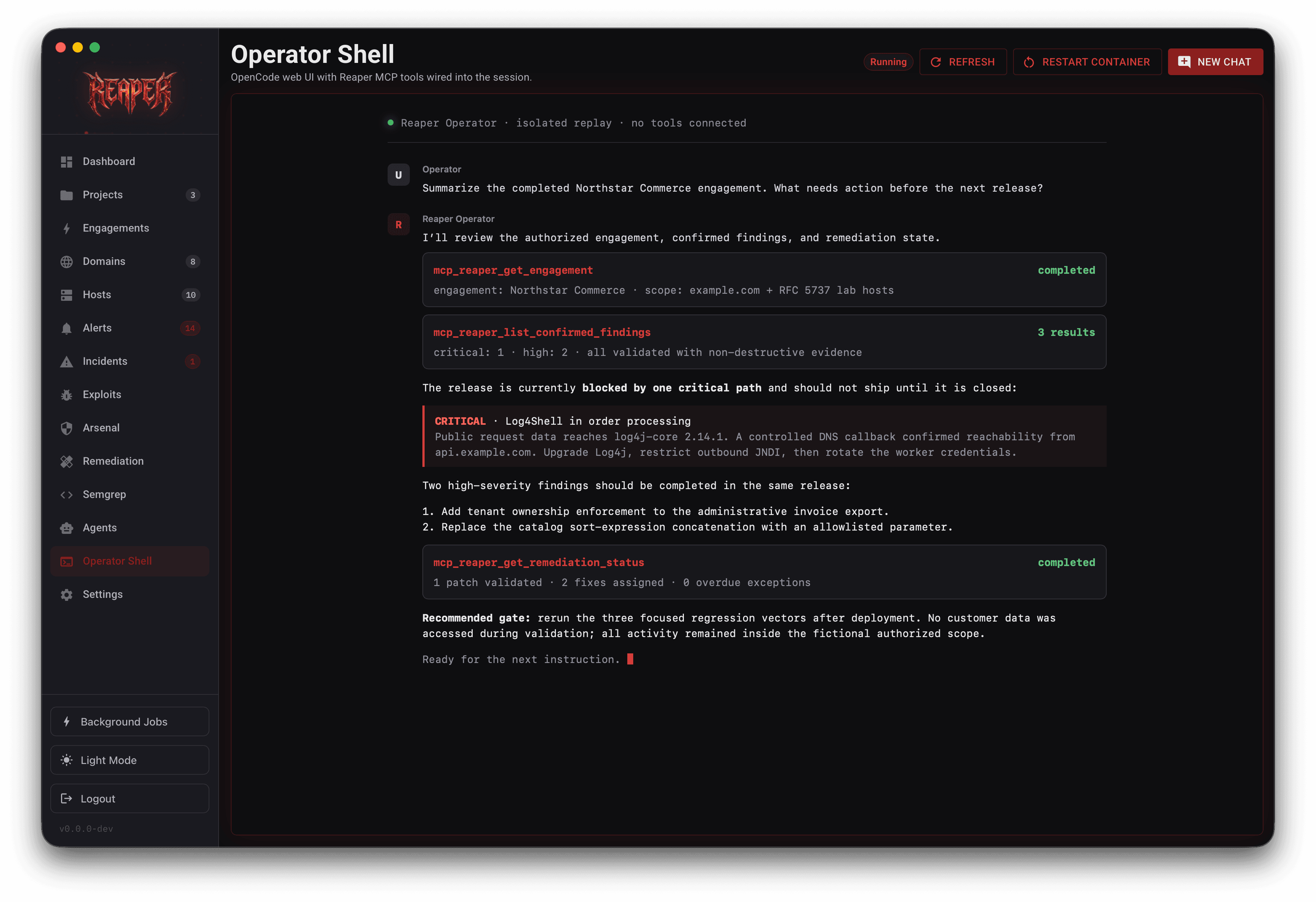 Reaper operator shell showing commands and security assessment output