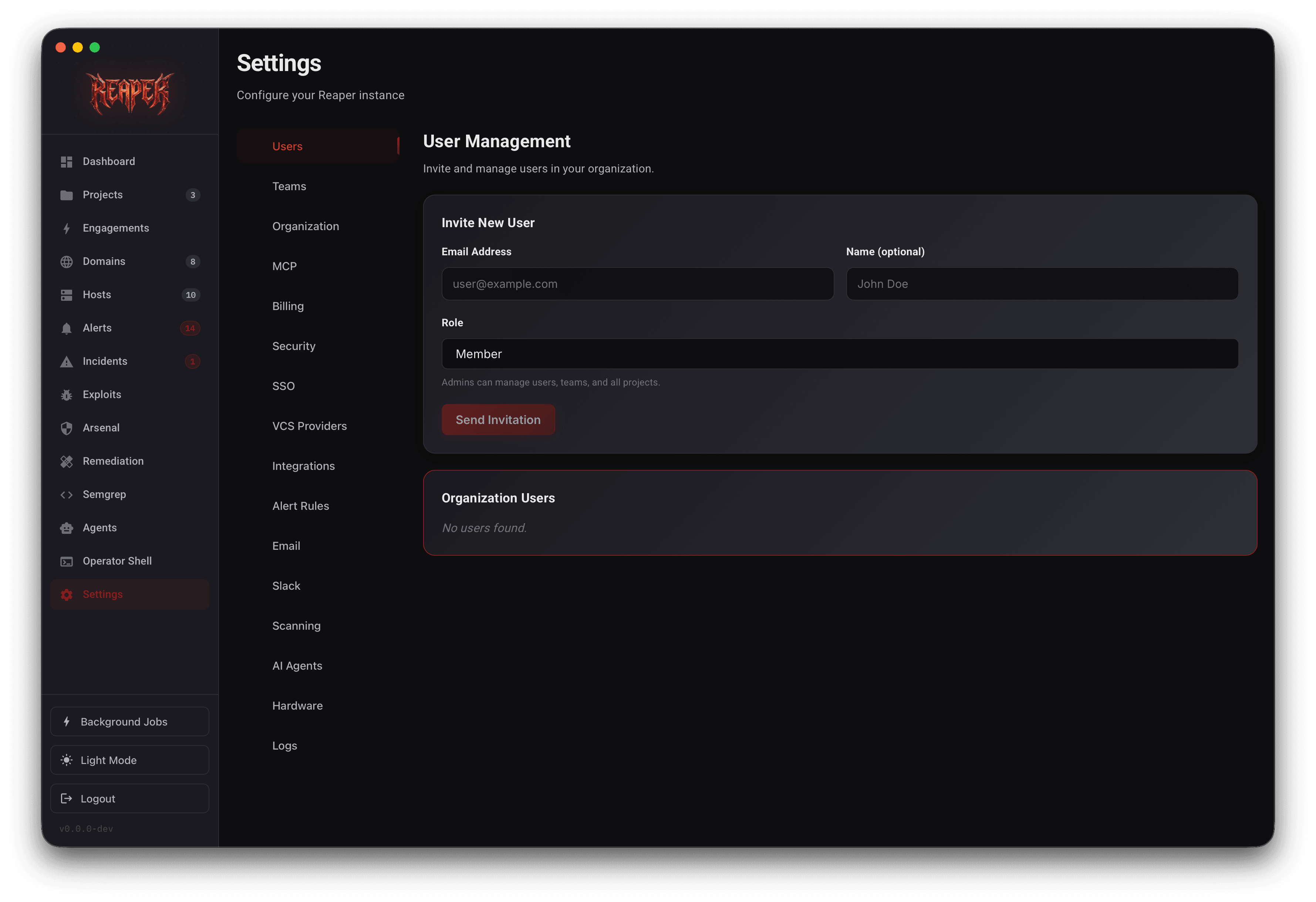 Reaper user management settings with profile and organization controls