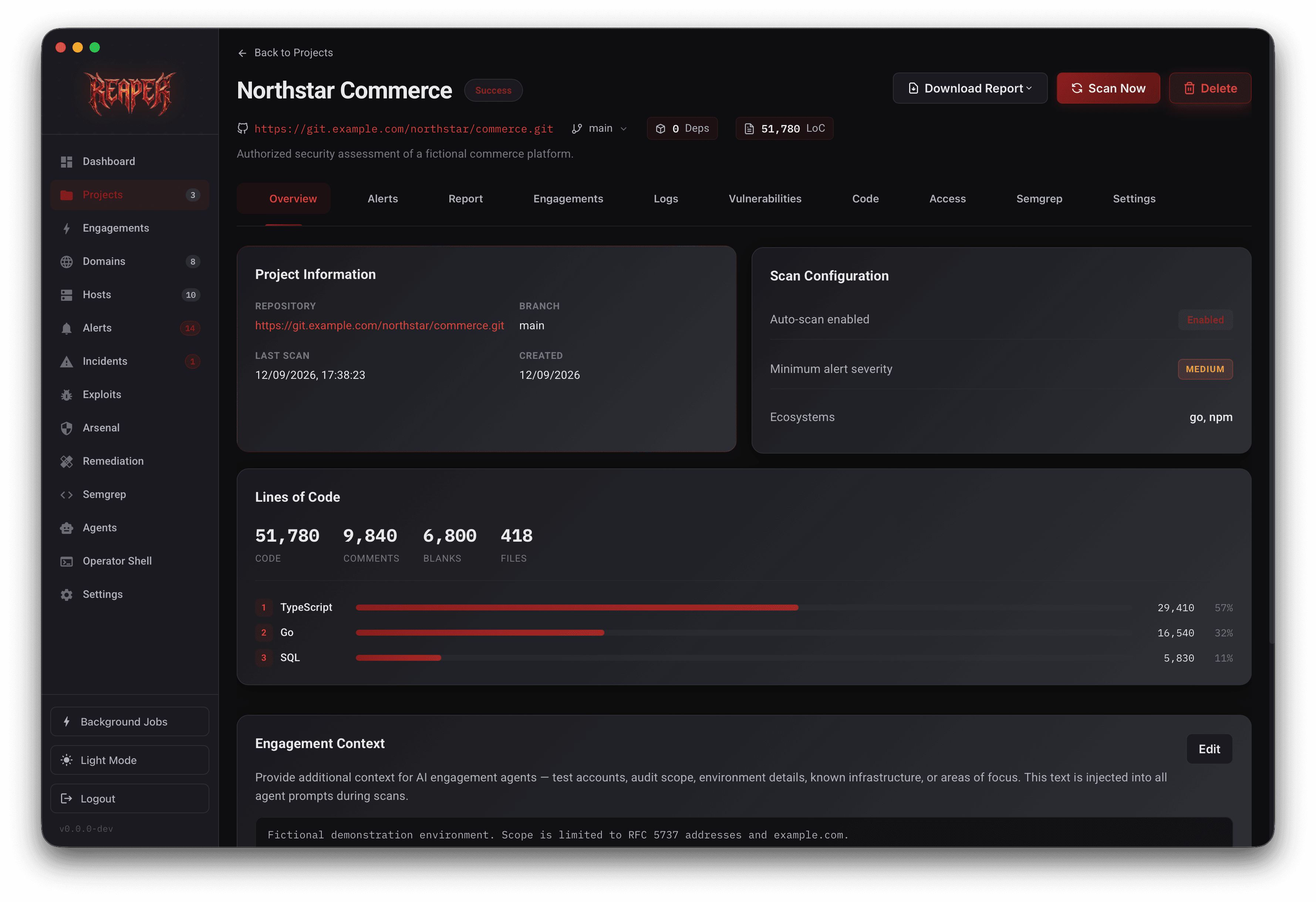 Reaper project overview with scan configuration, code composition, and engagement context