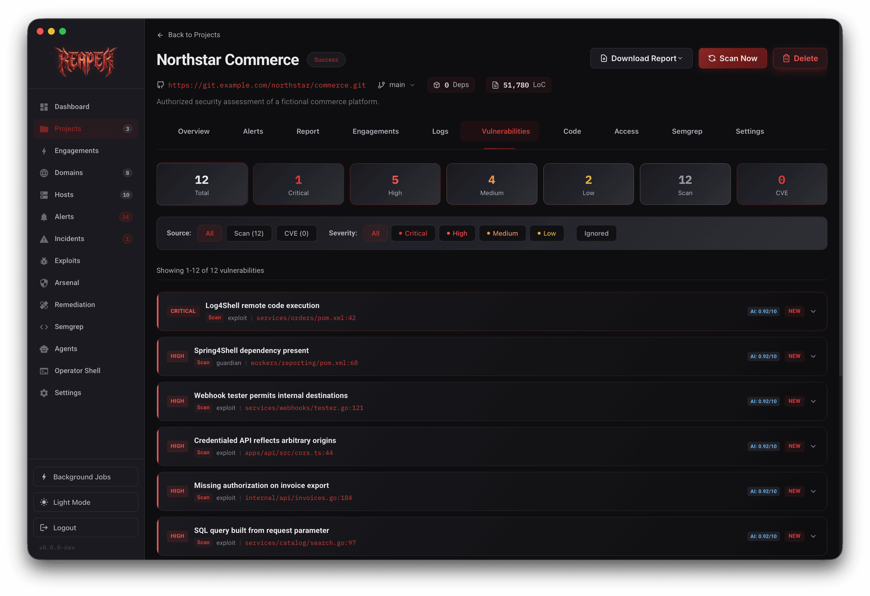 Reaper project vulnerabilities tab with severity totals and ranked findings