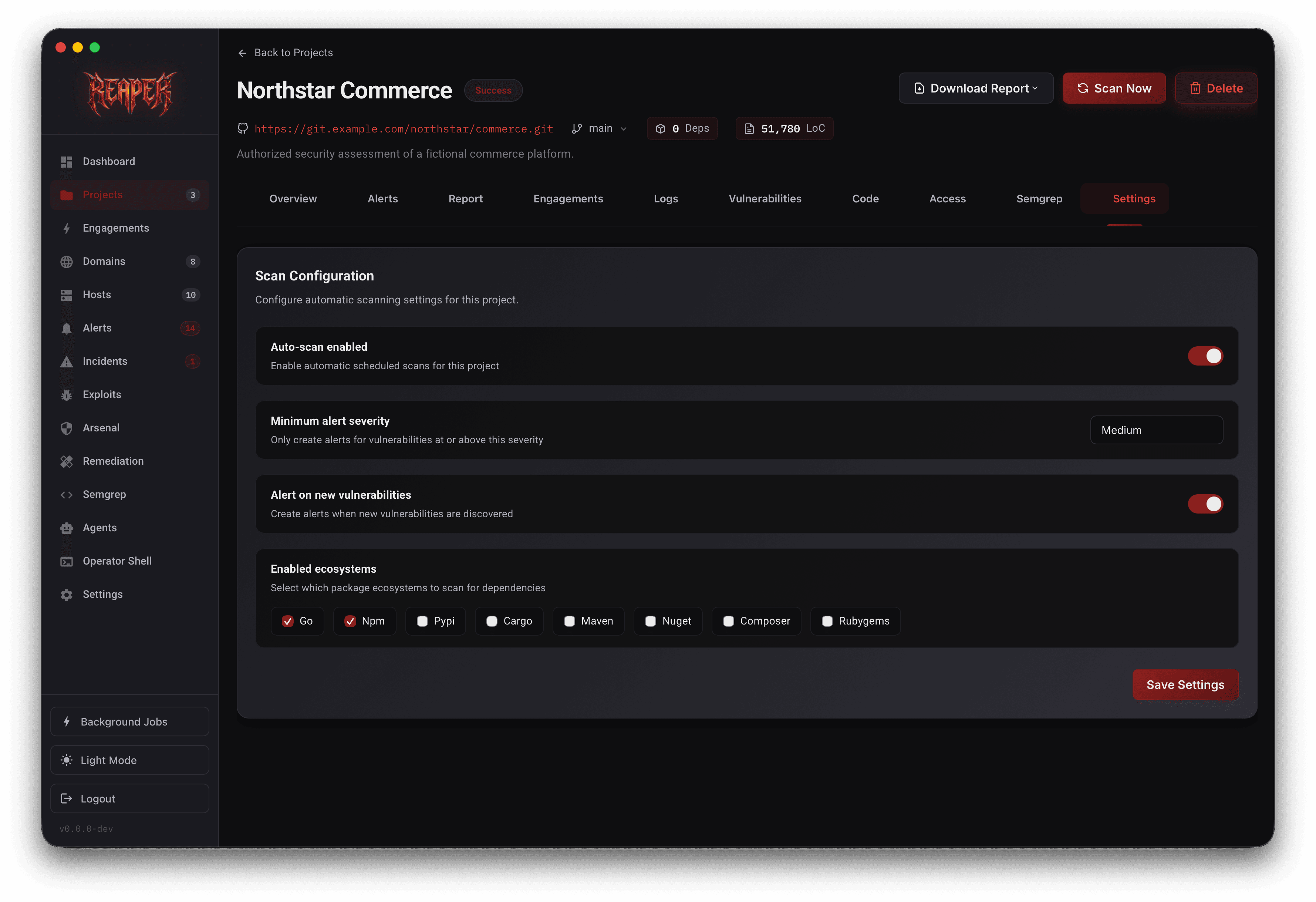 Reaper project settings with scan automation and vulnerability severity controls