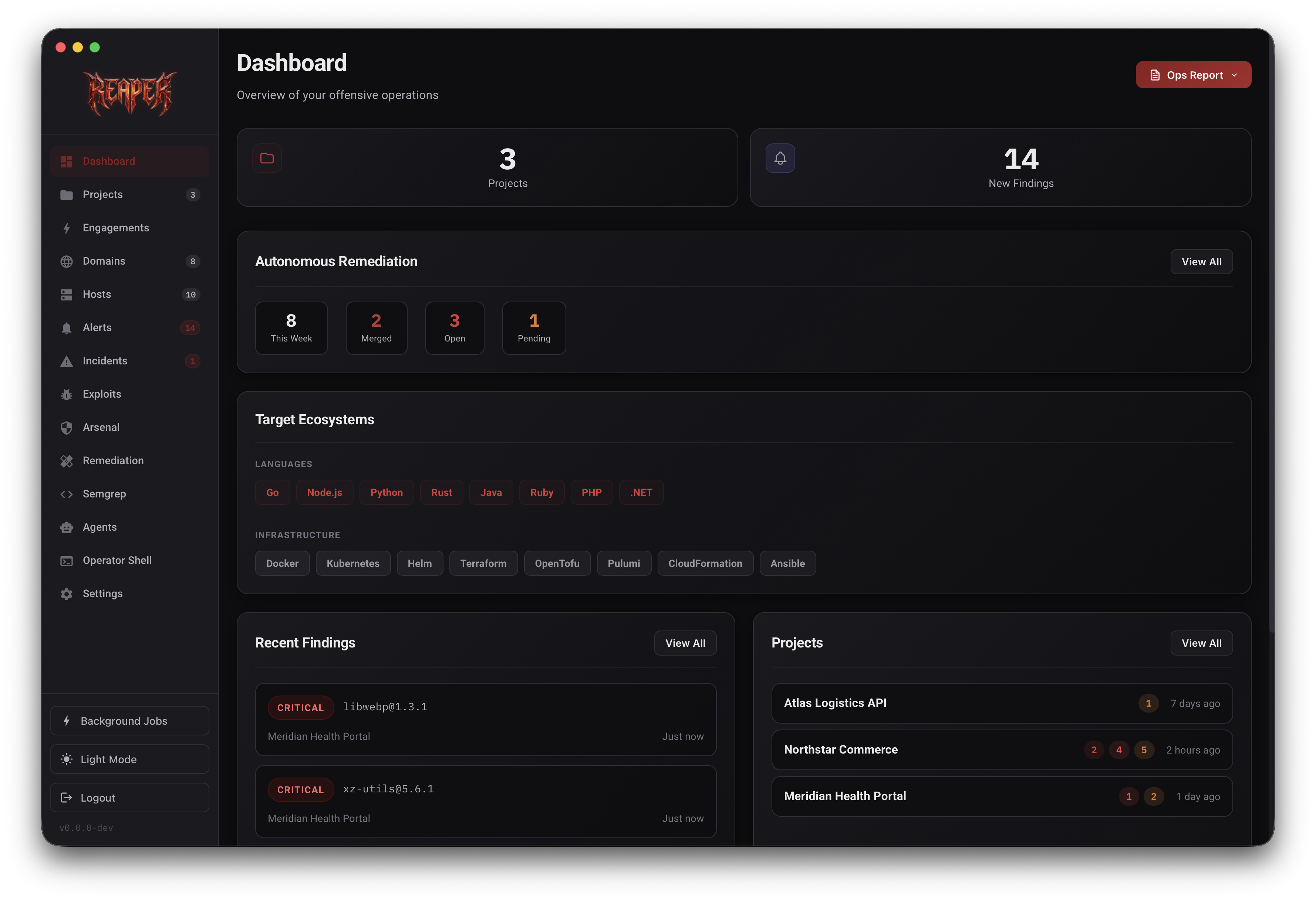 Reaper dashboard with engagement, project, finding, remediation, and target metrics