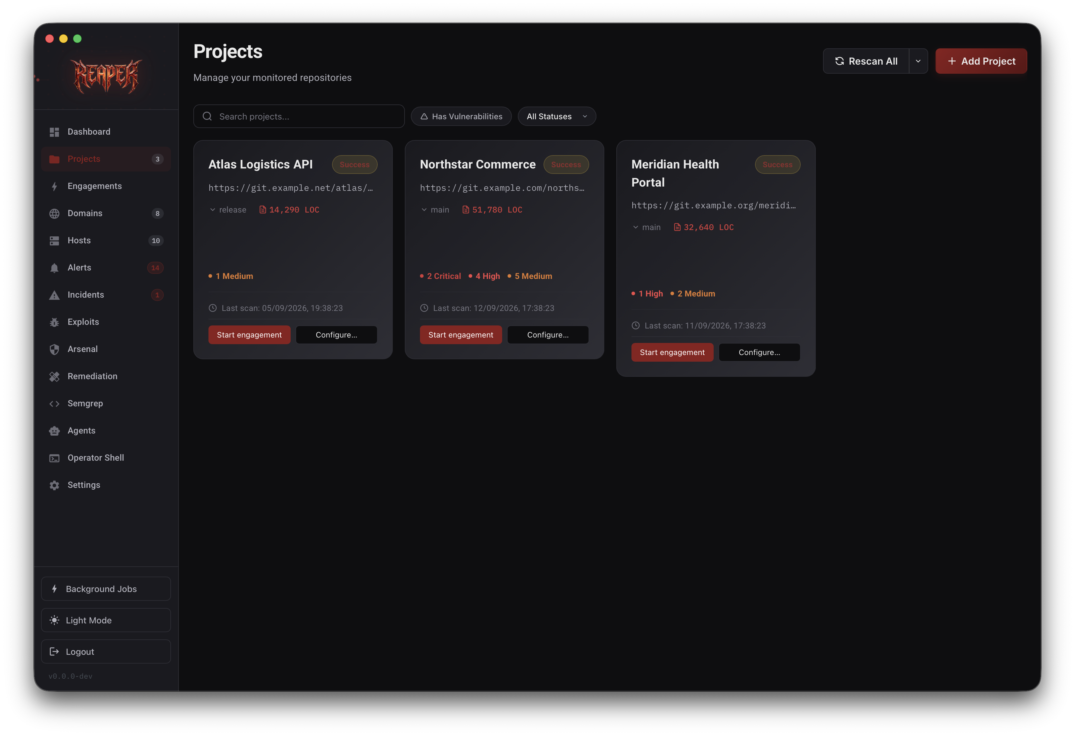 Reaper projects screen showing monitored repositories and finding totals