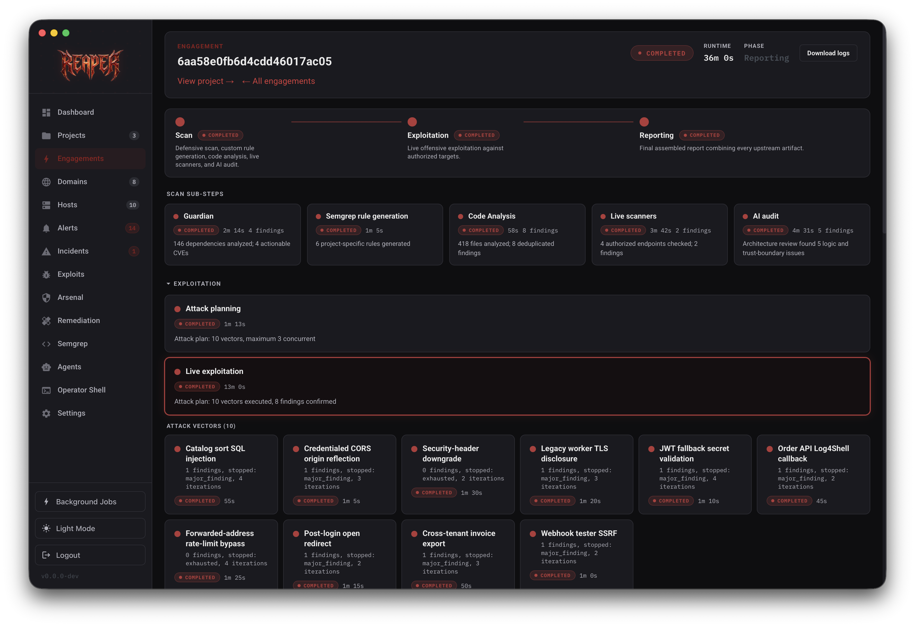 Reaper engagement detail showing scope, credentials, reconnaissance, and attack stages