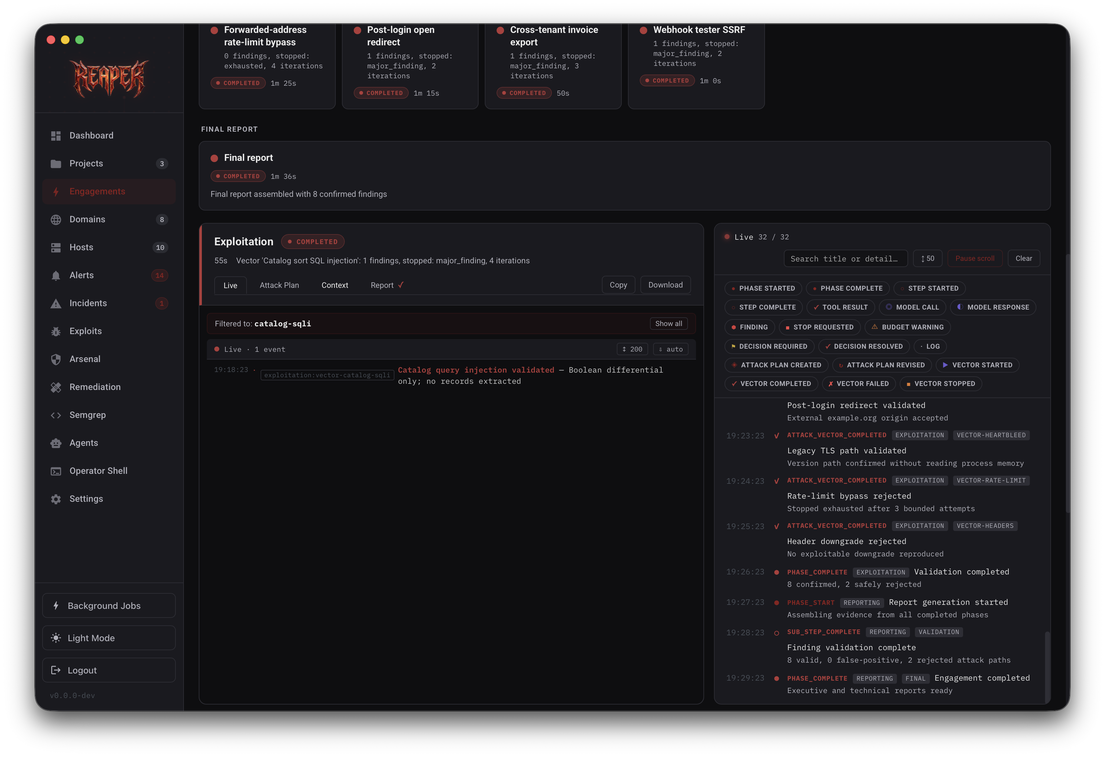 Reaper exploitation log with execution entries and detailed command output