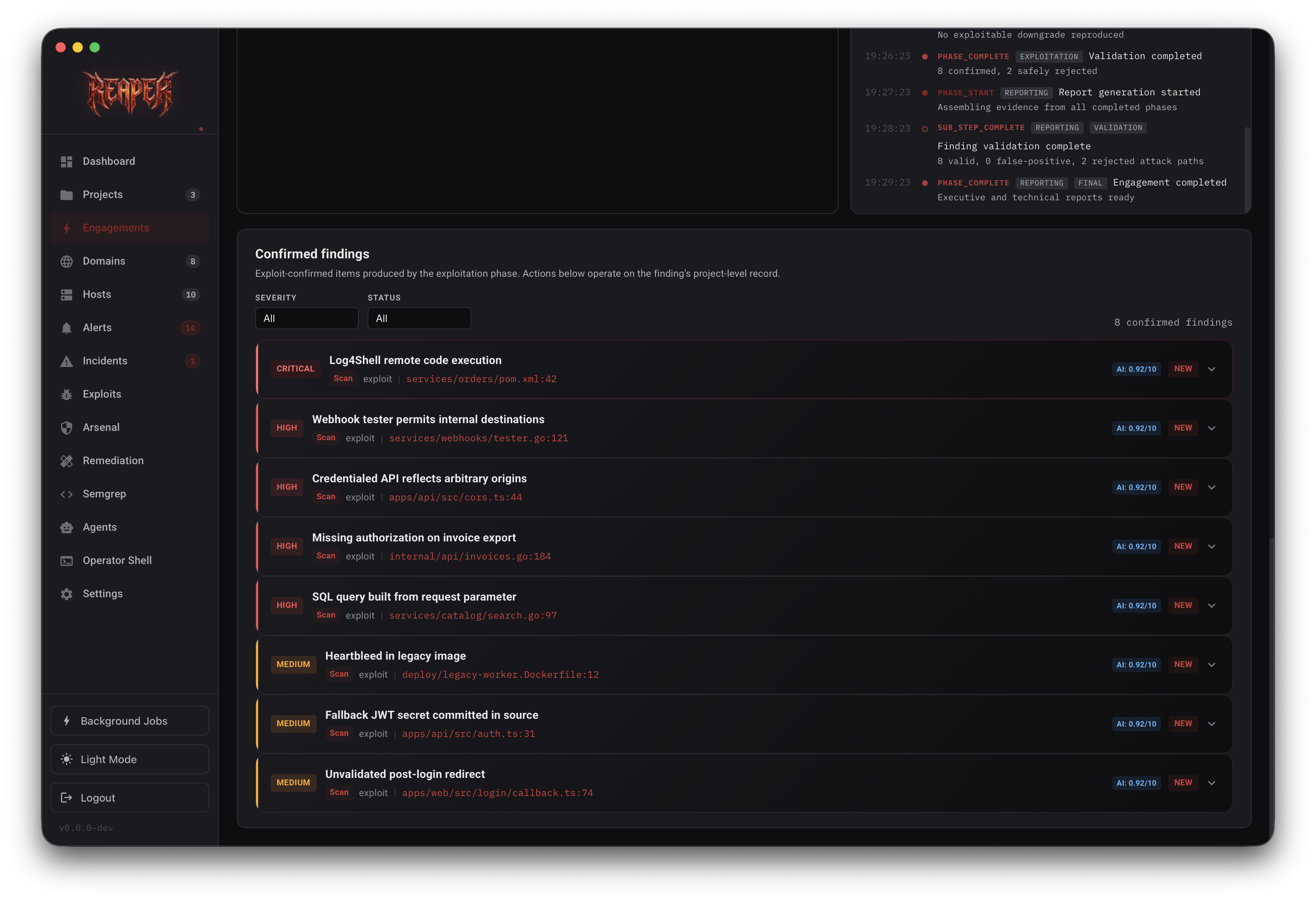 Reaper confirmed findings screen with severity-ranked vulnerabilities and evidence